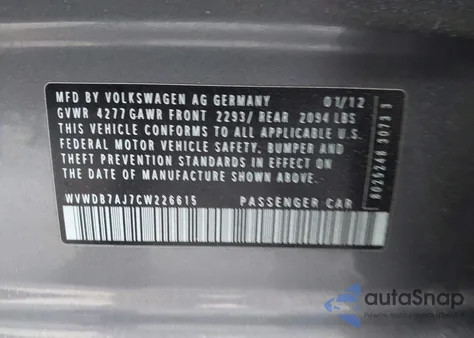 2012 Volkswagen Golf 2.5L 4-Door from USA, damaged, VIN WVWDB7AJ7CW226615